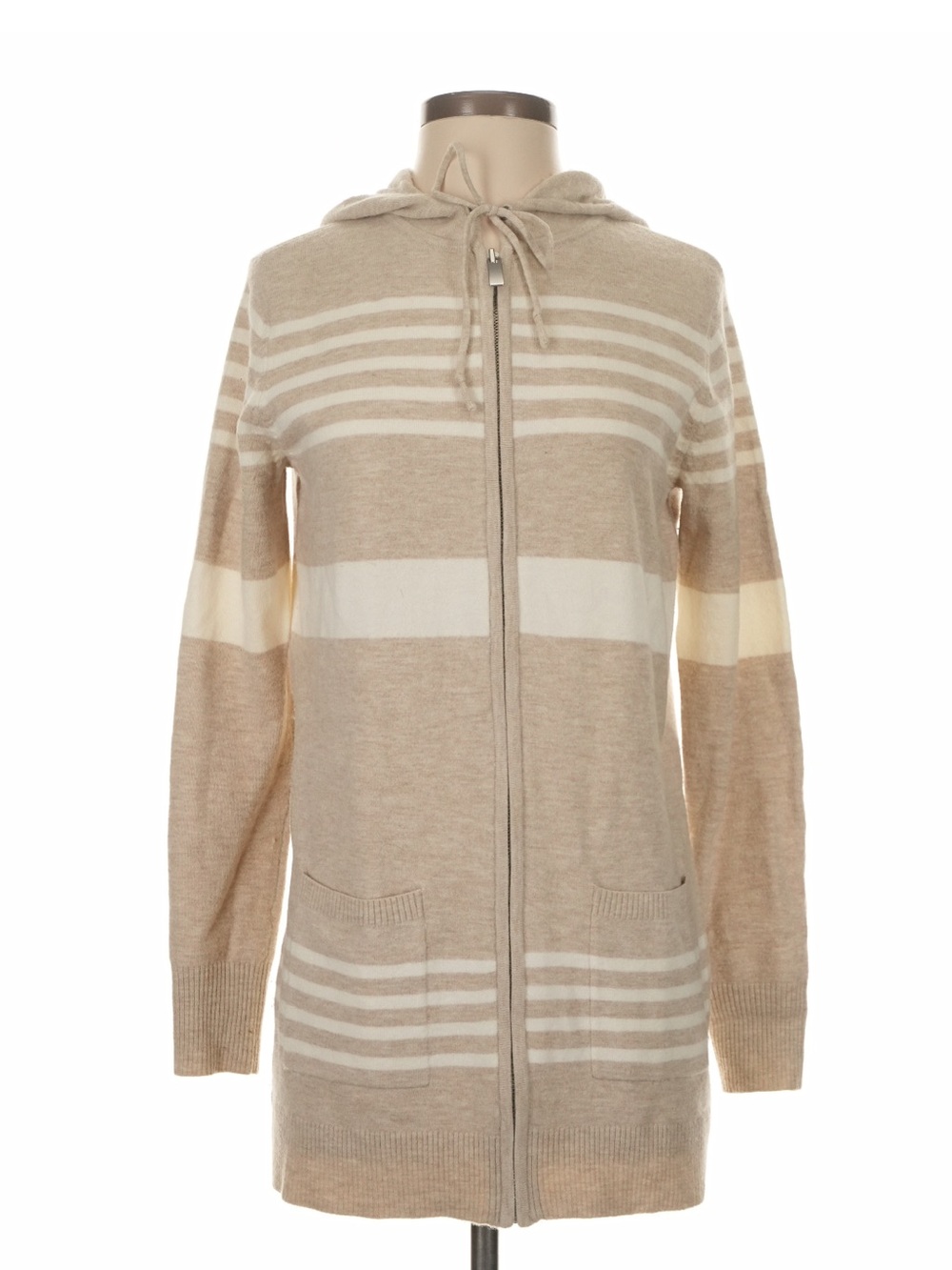GAP Beige & Cream Striped Hooded Zip-Front Cardigan Sweater Soft Wool Blend XS